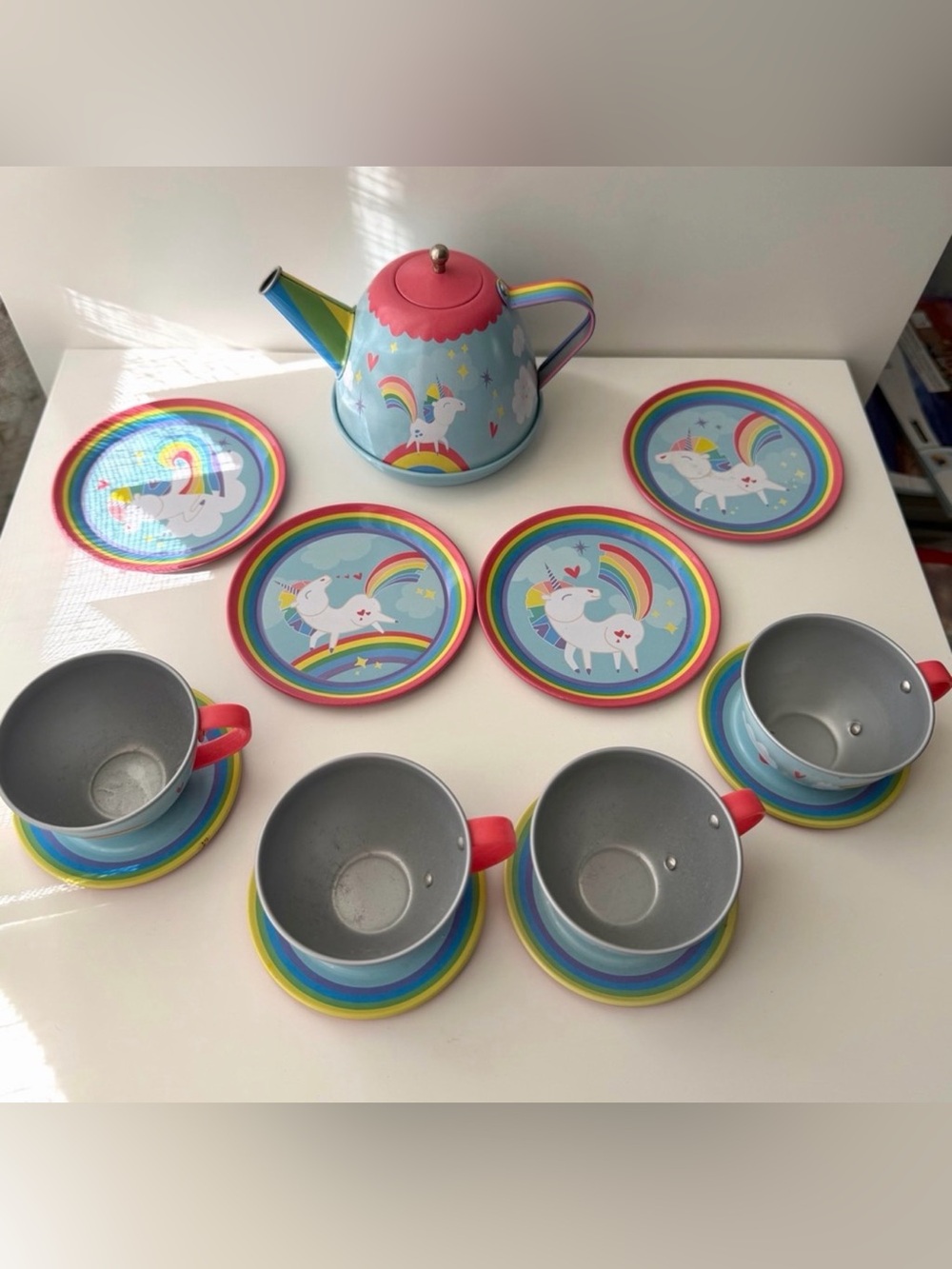 Schylling Unicorn Tin Tea Set 13 Pc Rainbow Kids Tea Party Set - Picture 4 of 5